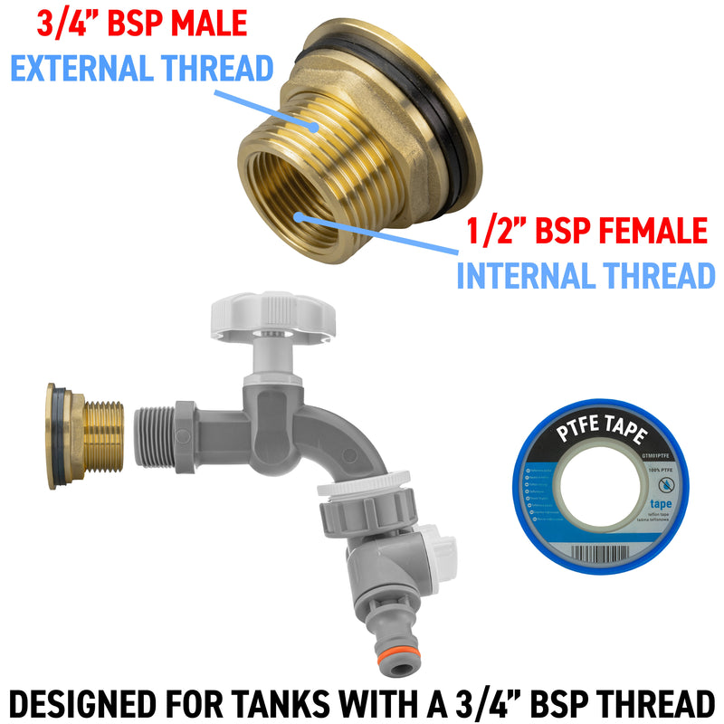 Water Butt Brass Kit 3/4" with Grey Dial Tap + Two-Way Splitter and Drill Bit - Home & Garden > Lawn & Garden Tech Hose & Fittings