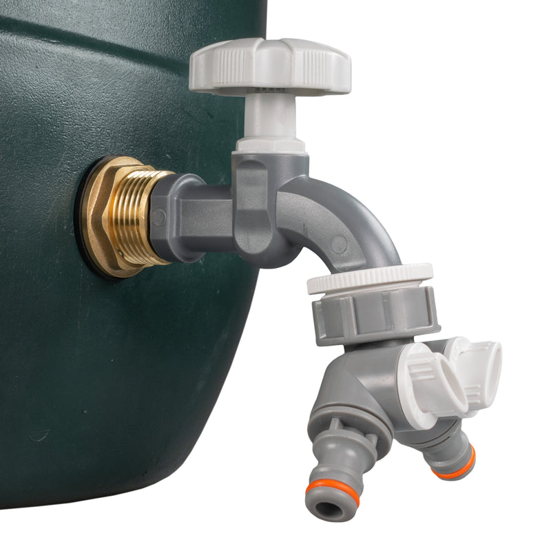 Water Butt Brass Kit 3/4" with Grey Dial Tap + Two-Way Splitter and Drill Bit - Home & Garden > Lawn & Garden Tech Hose & Fittings