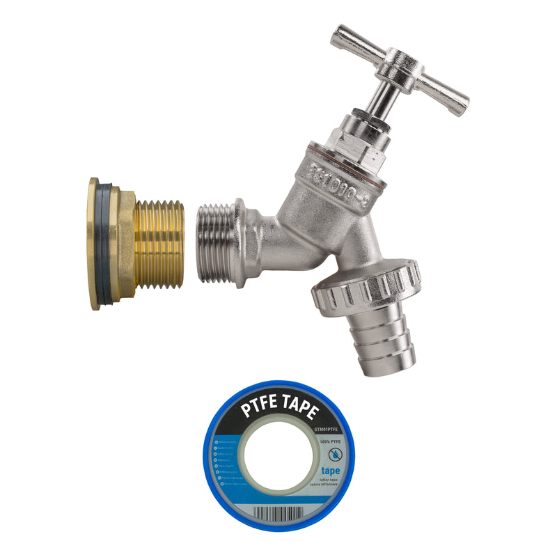Water Butt Brass Kit 3/4" with Nickel Plated Brass Barbed Tap - Hardware > Plumbing > Plumbing Fittings & Supports > Plumbing Valves Tech Hose & Fittings