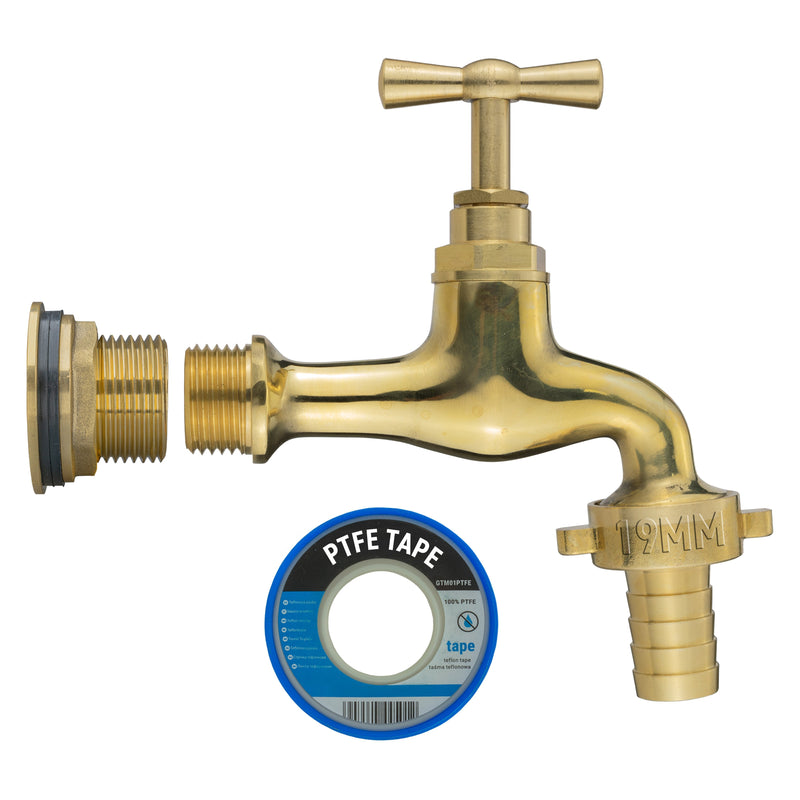 Water Butt Brass Kit 3/4" with 19mm Barbed Polished Brass Tap - Hardware > Plumbing > Plumbing Fittings & Supports > Plumbing Valves Tech Hose & Fittings