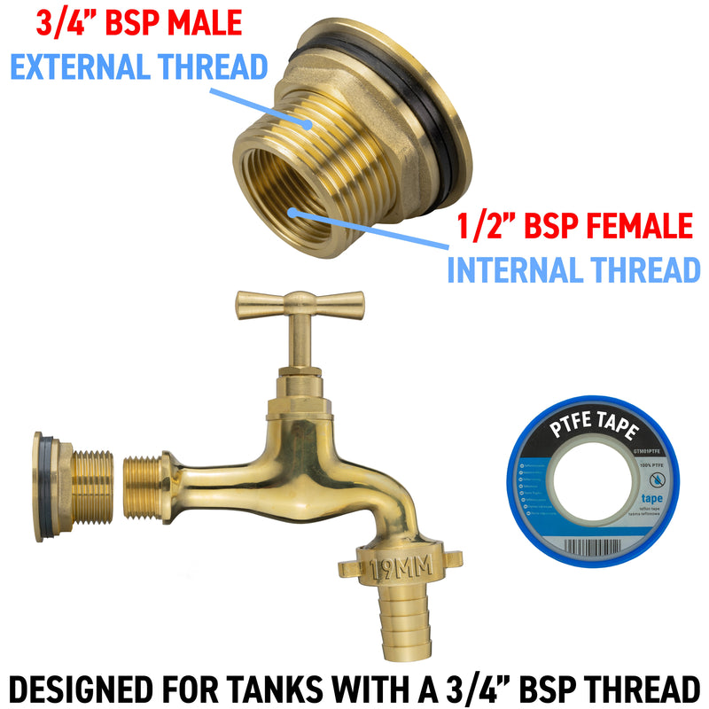 Water Butt Brass Kit 3/4" with 19mm Barbed Polished Brass Tap - Hardware > Plumbing > Plumbing Fittings & Supports > Plumbing Valves Tech Hose & Fittings