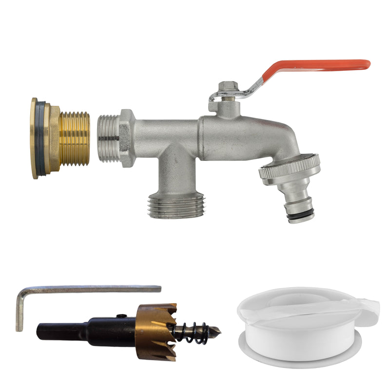 Water Butt Brass Kit 3/4" with Double Tap and Drill Bit - Home & Garden > Lawn & Garden Tech Hose & Fittings