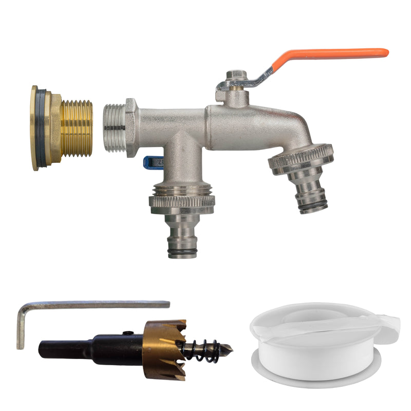 Water Butt Brass Kit 3/4" with Double Quick Connect Tap and Drill Bit - Home & Garden > Lawn & Garden Tech Hose & Fittings