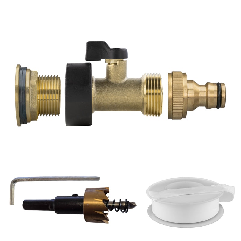Water Butt Brass Kit 3/4" with Brass Valve + Quick Connect and Drill Bit - Home & Garden > Lawn & Garden Tech Hose & Fittings