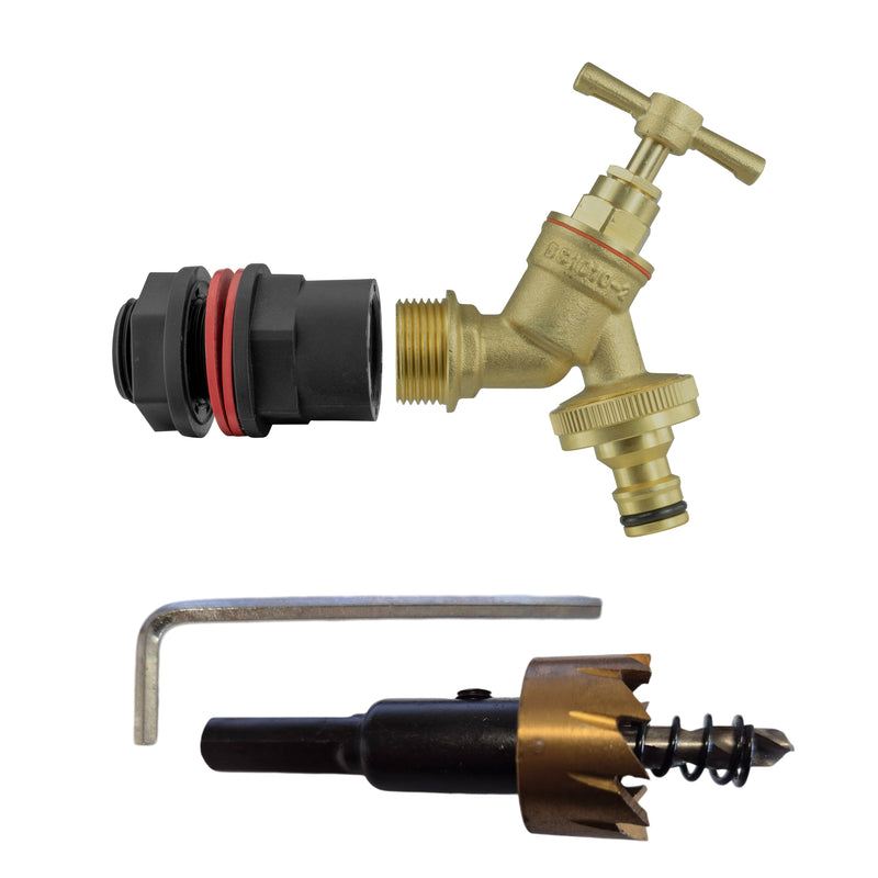 Water Butts Kit 1/2" with Brass Tap & Snap On and Drill Bit - Home & Garden > Lawn & Garden Tech Hose & Fittings