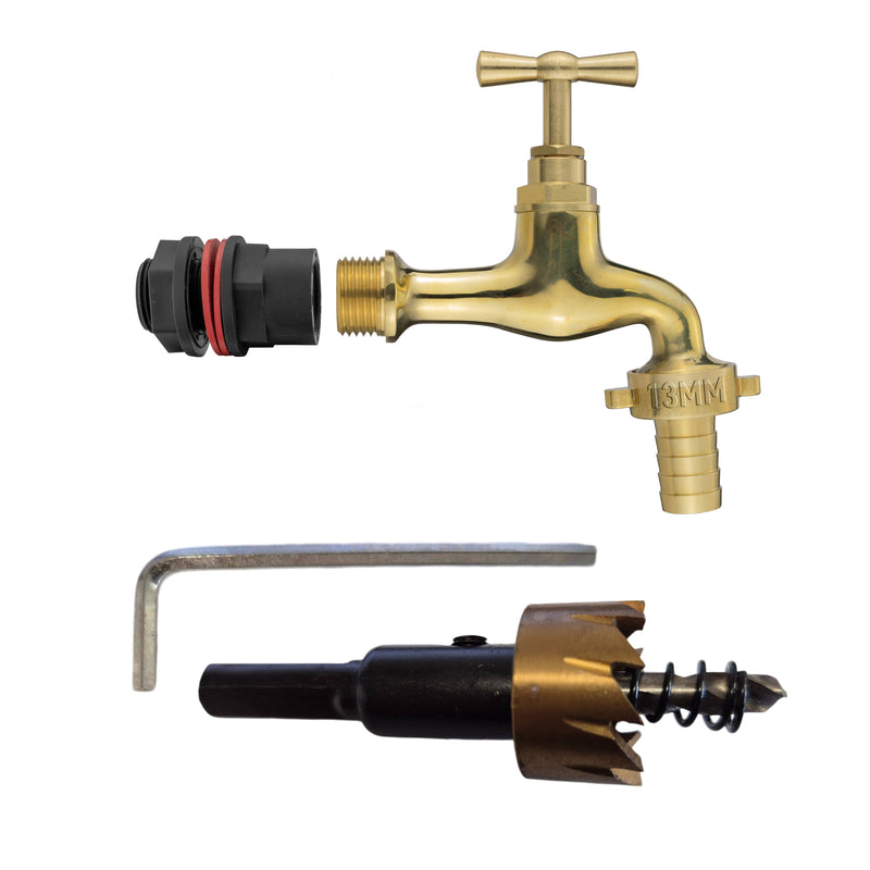 Water Butts Kit 1/2" With Polish Brass Tap 13mm Outlet and Drill Bit - Home & Garden > Lawn & Garden Tech Hose & Fittings