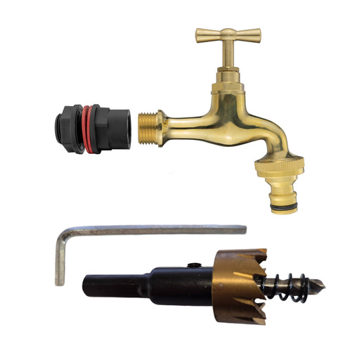Water Butts Kit 1/2" With Polish Brass Tap & Snap On Connector and Drill Bit - Home & Garden > Lawn & Garden Tech Hose & Fittings