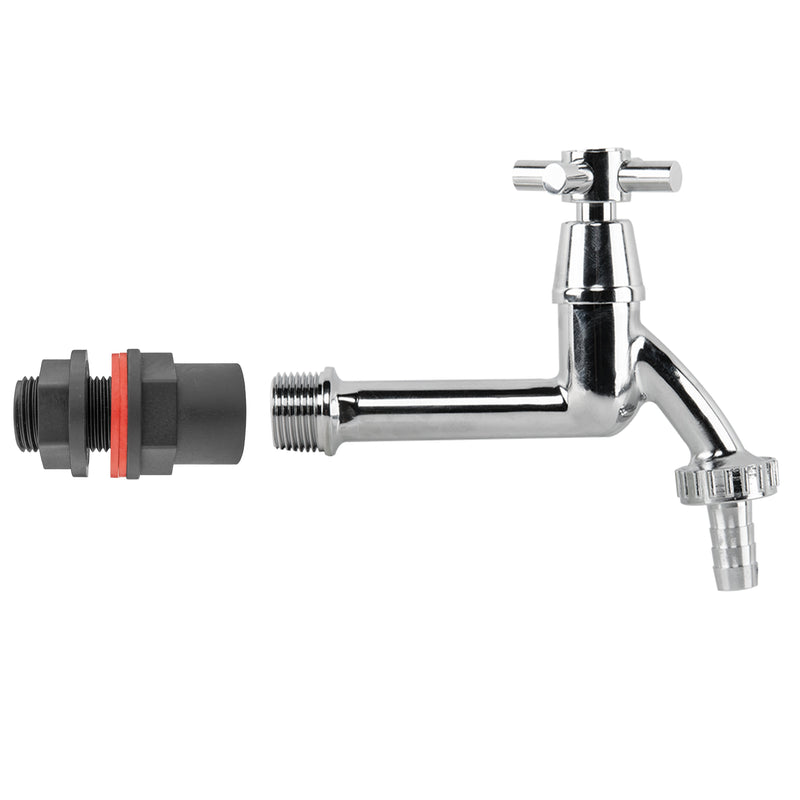 Water Butt Kit 1/2" with Extended Brass Chrome Tap 1/2" Barb - Garden watering