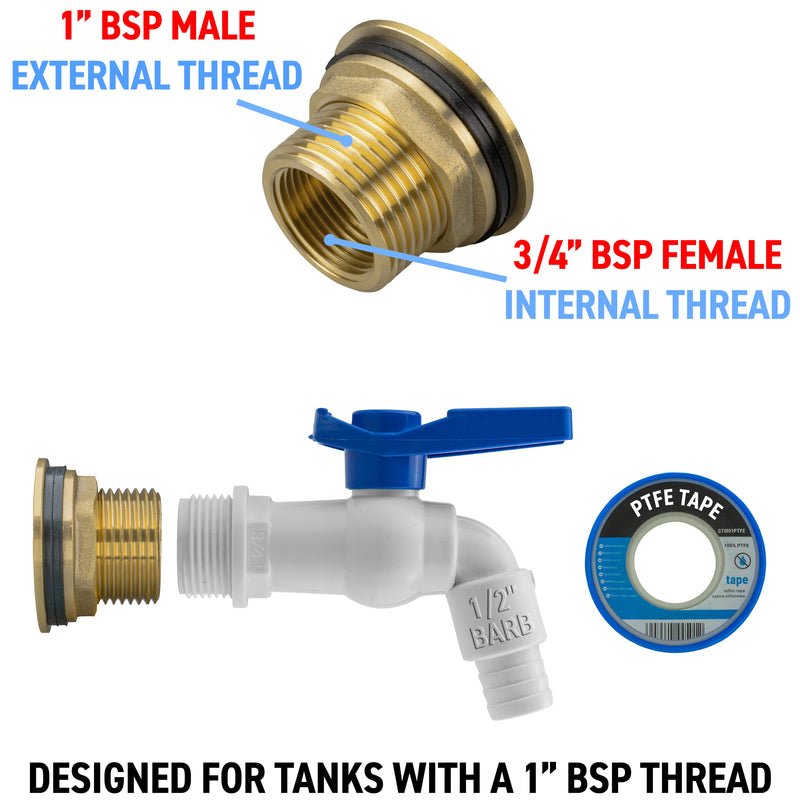 Water Butt Brass Kit 1" with White PVC Tap - Hardware > Plumbing > Plumbing Fittings & Supports > Plumbing Valves Tech Hose & Fittings