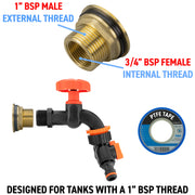 Water Butt Brass Kit 1" with Black Dial Tap + Two-Way Splitter and Drill Bit - Home & Garden > Lawn & Garden Tech Hose & Fittings