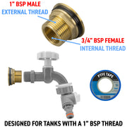 Water Butt Brass Kit 1" with Grey Dial Tap + Two-Way Splitter and Drill Bit - Home & Garden > Lawn & Garden Tech Hose & Fittings