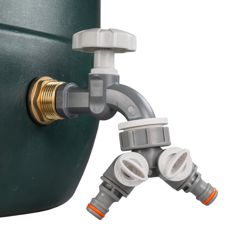 Water Butt Brass Kit 1" with Grey Dial Tap + Two-Way Splitter and Drill Bit - Home & Garden > Lawn & Garden Tech Hose & Fittings