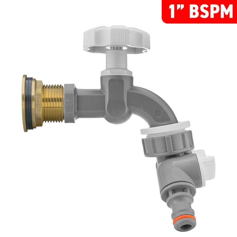 Water Butt Brass Kit 1" with Grey Dial Tap + Two-Way Splitter - Hardware > Plumbing > Plumbing Fittings & Supports > Plumbing Valves Tech Hose & Fittings
