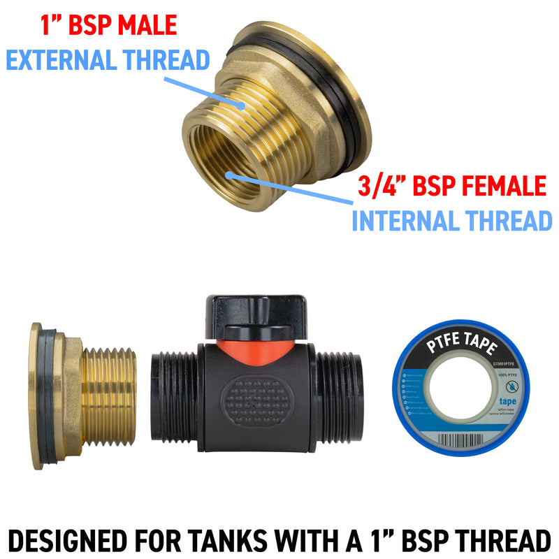 Water Butt Brass Kit 1" with 3/4" BSP In-Line Valve and Drill Bit - Home & Garden > Lawn & Garden Tech Hose & Fittings