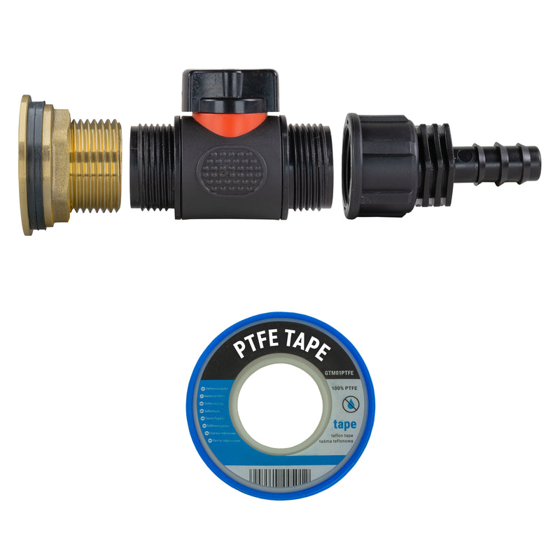 Water Butt Brass Kit 1" with In-Line Valve + 16mm Barb and Drill Bit - Home & Garden > Lawn & Garden Tech Hose & Fittings