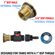 Water Butt Brass Kit 1" with In-Line Valve + 16mm Barb and Drill Bit - Home & Garden > Lawn & Garden Tech Hose & Fittings