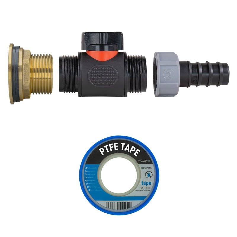 Water Butt Brass Kit 1" with In-Line Valve + 20mm Barb and Drill Bit - Home & Garden > Lawn & Garden Tech Hose & Fittings