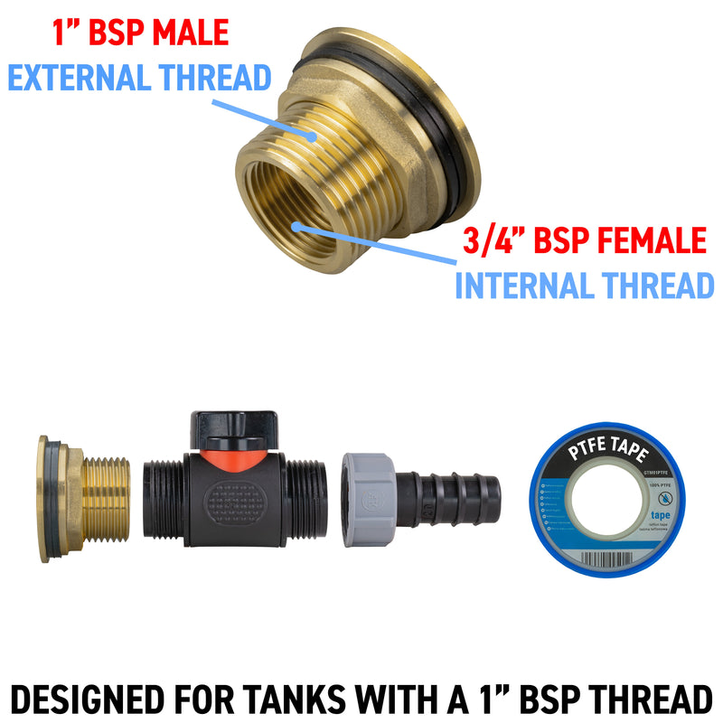 Water Butt Brass Kit 1" with In-Line Valve + 20mm Barb - Hardware > Plumbing > Plumbing Fittings & Supports > Pipe Connectors Tech Hose & Fittings