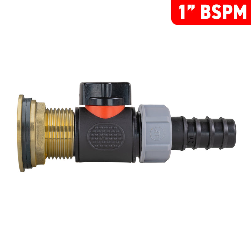 Water Butt Brass Kit 1" with In-Line Valve + 20mm Barb and Drill Bit - Home & Garden > Lawn & Garden Tech Hose & Fittings