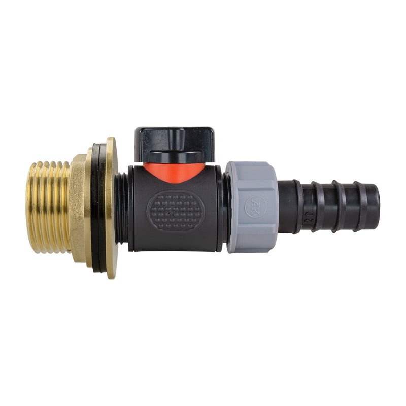 Water Butt Brass Kit 1" with In-Line Valve + 20mm Barb and Drill Bit - Home & Garden > Lawn & Garden Tech Hose & Fittings
