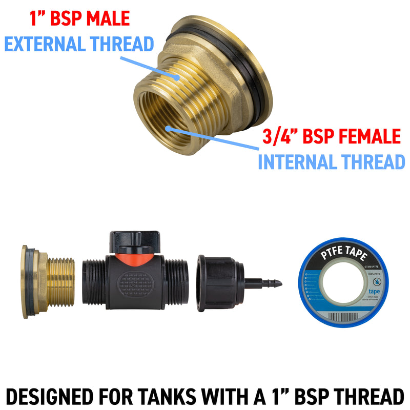 Water Butt Brass Kit 1" with In-Line Valve + 4mm Barb and Drill Bit - Home & Garden > Lawn & Garden Tech Hose & Fittings