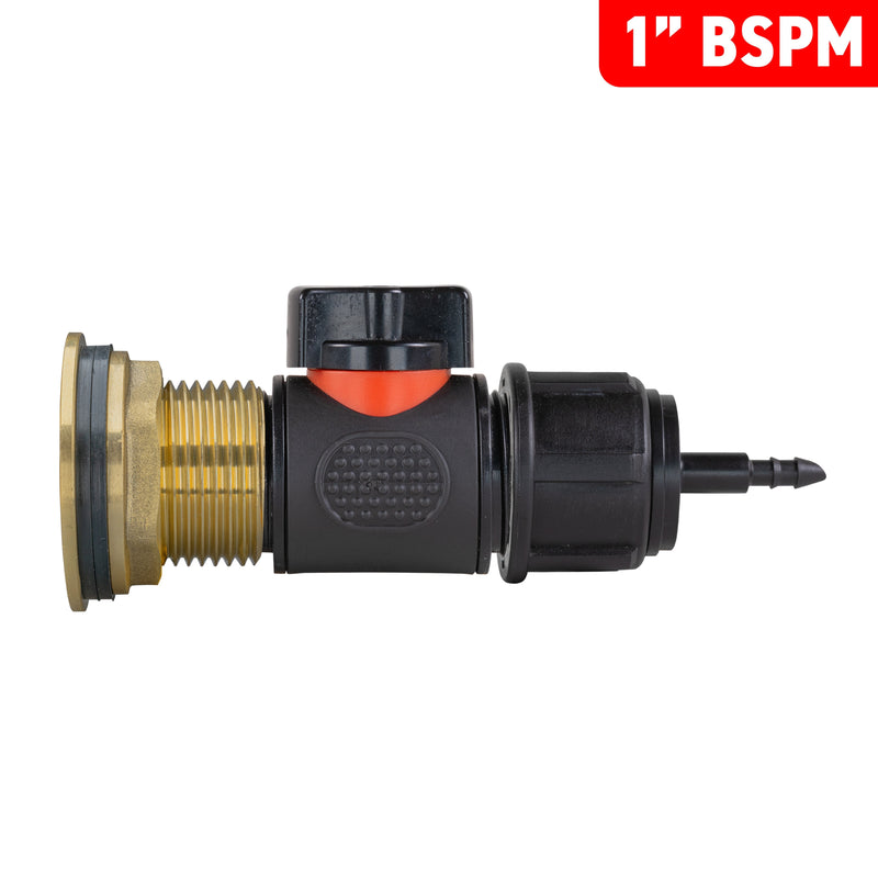 Water Butt Brass Kit 1" with In-Line Valve + 4mm Barb and Drill Bit - Home & Garden > Lawn & Garden Tech Hose & Fittings