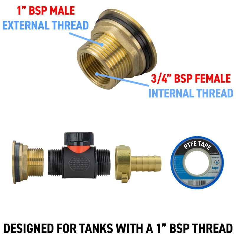Water Butt Brass Kit 1" with In-Line Valve + 1/2" Brass Barb and Drill Bit - Home & Garden > Lawn & Garden Tech Hose & Fittings