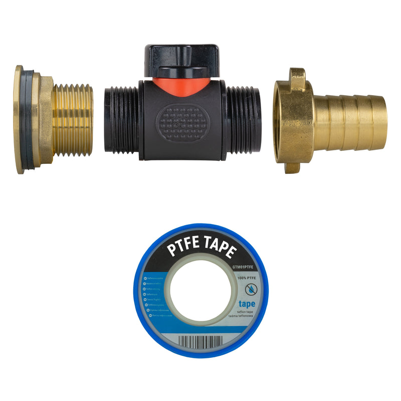 Water Butt Brass Kit 1" with In-Line Valve + 3/4" Brass Barb and Drill Bit - Home & Garden > Lawn & Garden Tech Hose & Fittings