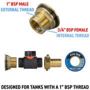 Water Butt Brass Kit 1" with In-Line Valve + 3/4" Brass Barb - Hardware > Plumbing > Plumbing Fittings & Supports > Pipe Connectors Tech Hose & Fittings