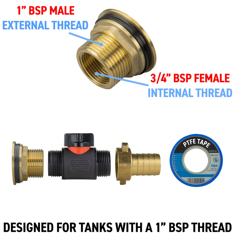 Water Butt Brass Kit 1" with In-Line Valve + 3/4" Brass Barb - Hardware > Plumbing > Plumbing Fittings & Supports > Pipe Connectors Tech Hose & Fittings
