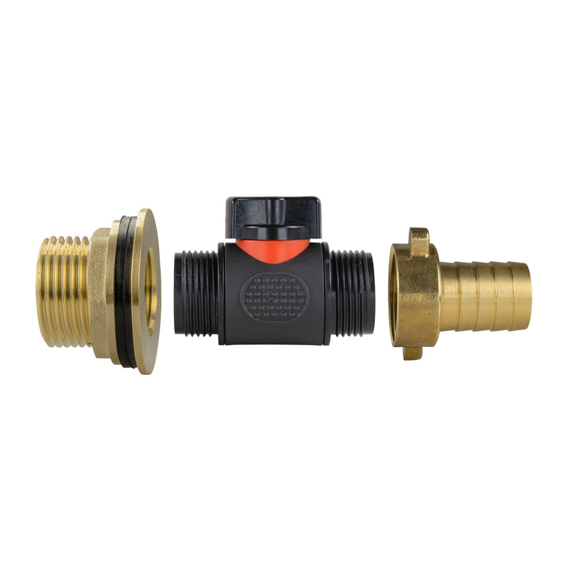 Water Butt Brass Kit 1" with In-Line Valve + 3/4" Brass Barb and Drill Bit - Home & Garden > Lawn & Garden Tech Hose & Fittings
