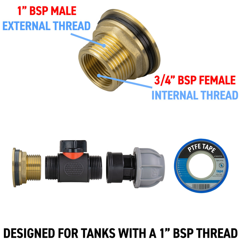 Water Butt Brass Kit 1" with In-Line Valve + 20mm MDPE - Hardware > Plumbing > Plumbing Fittings & Supports > Pipe Connectors Tech Hose & Fittings
