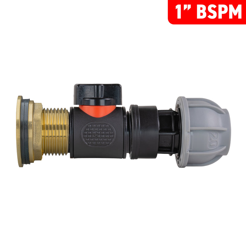 Water Butt Brass Kit 1" with In-Line Valve + 20mm MDPE and Drill Bit - Home & Garden > Lawn & Garden Tech Hose & Fittings