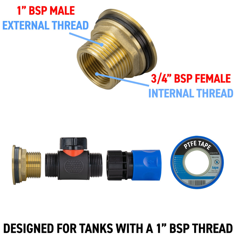 Water Butt Brass Kit 1" with In-Line Valve + Female Quick Connector Blue and Drill Bit - Home & Garden > Lawn & Garden Tech Hose & Fittings