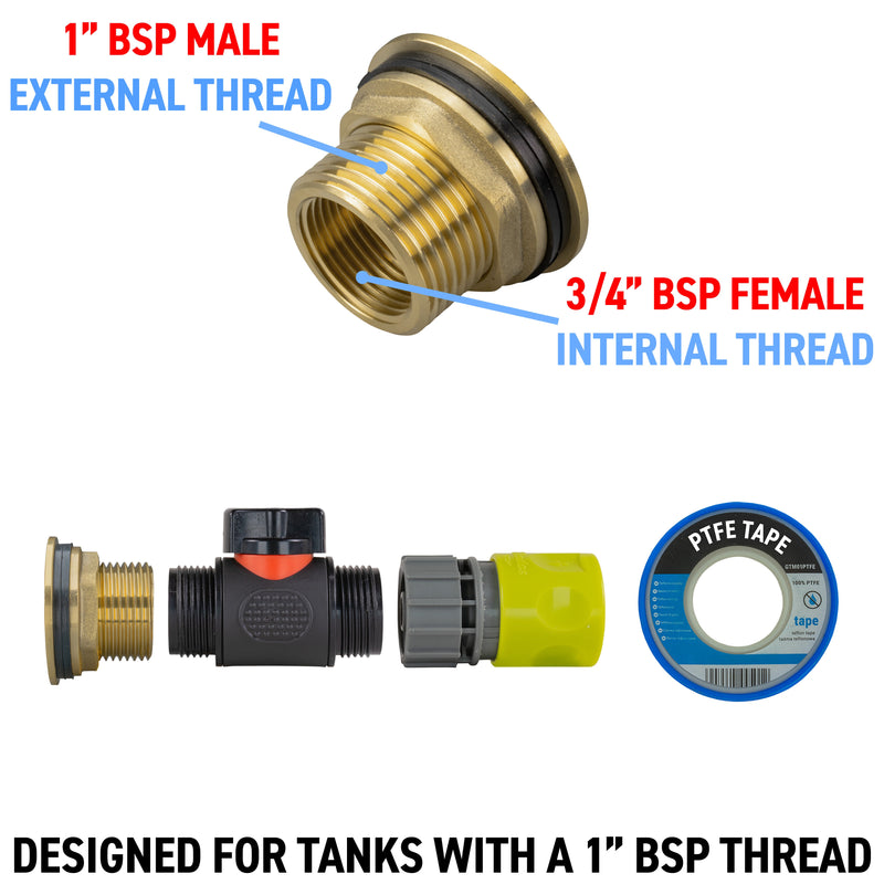 Water Butt Brass Kit 1" with In-Line Valve + Female Quick Connector Lime and Drill Bit - Home & Garden > Lawn & Garden Tech Hose & Fittings