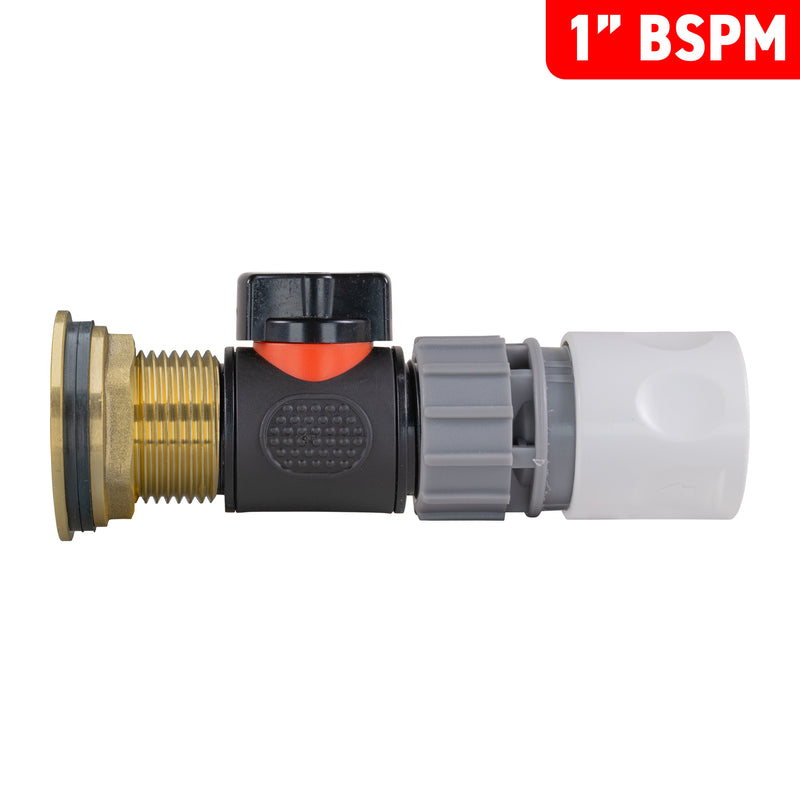Water Butt Brass Kit 1" with In-Line Valve + Female Quick Connector WL and Drill Bit - Home & Garden > Lawn & Garden Tech Hose & Fittings