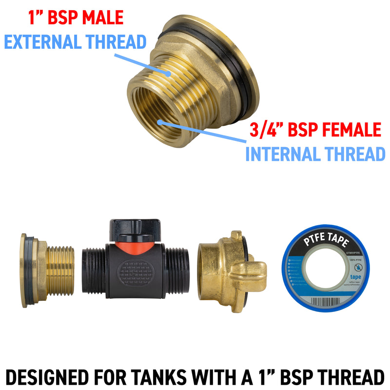Water Butt Brass Kit 1" with In-Line Valve + Geka and Drill Bit - Home & Garden > Lawn & Garden Tech Hose & Fittings
