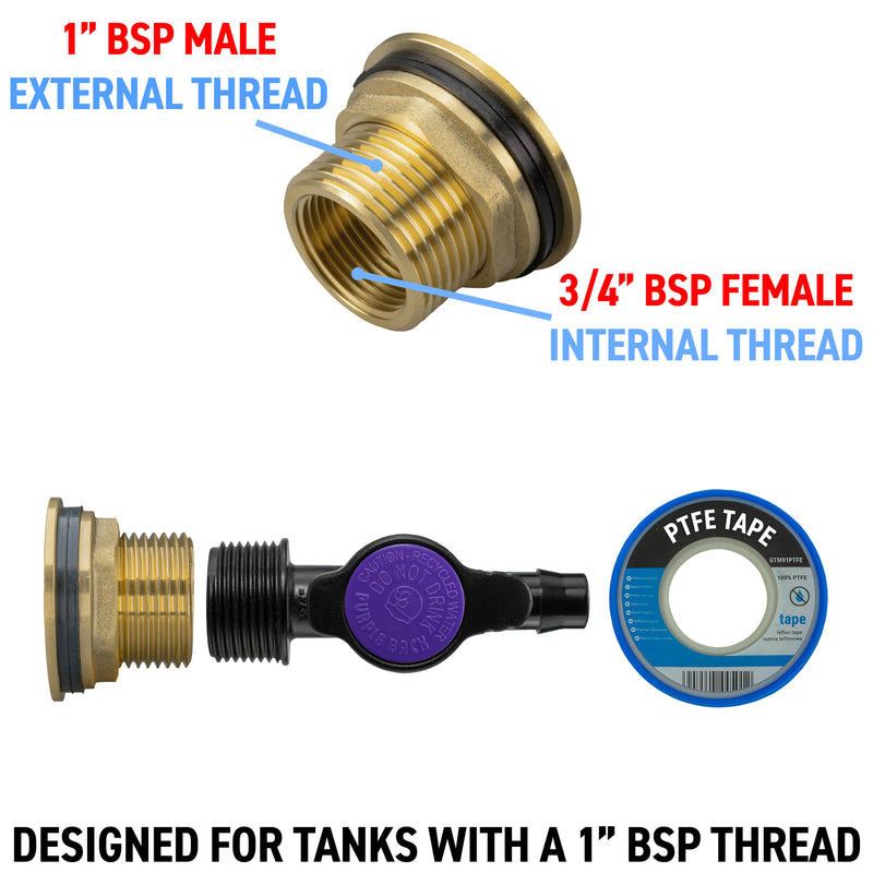 Water Butt Brass Kit 1" with 13mm Barb Irrigation Valve - Hardware > Plumbing > Plumbing Fittings & Supports > Plumbing Valves Tech Hose & Fittings