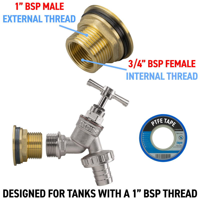 Water Butt Brass Kit 1" with Nickel Plated Barbed Tap - Hardware > Plumbing > Plumbing Fittings & Supports > Plumbing Valves Tech Hose & Fittings