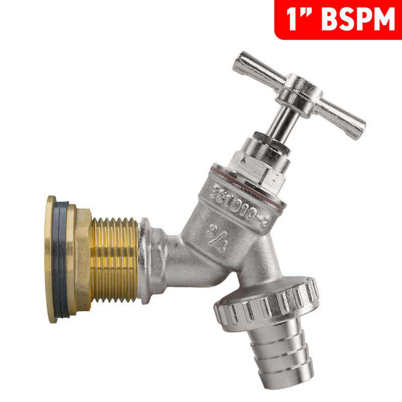 Water Butt Brass Kit 1" with Nickel Plated Barbed Tap - Hardware > Plumbing > Plumbing Fittings & Supports > Plumbing Valves Tech Hose & Fittings