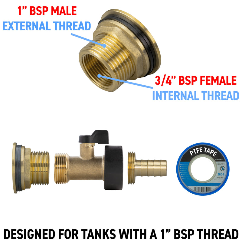 Water Butt Brass Kit 1" with Brass Valve + 13mm Barb and Drill Bit - Home & Garden > Lawn & Garden Tech Hose & Fittings
