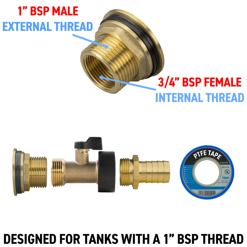 Water Butt Brass Kit 1" with Brass Valve + 19mm Barb and Drill Bit - Home & Garden > Lawn & Garden Tech Hose & Fittings