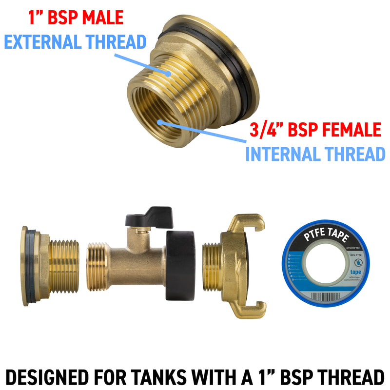 Water Butt Brass Kit 1" with Brass Valve + Geka - Home & Garden > Lawn & Garden > Watering & Irrigation Tech Hose & Fittings