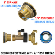 Water Butt Brass Kit 1" with Brass Valve + Geka and Drill Bit - Home & Garden > Lawn & Garden Tech Hose & Fittings