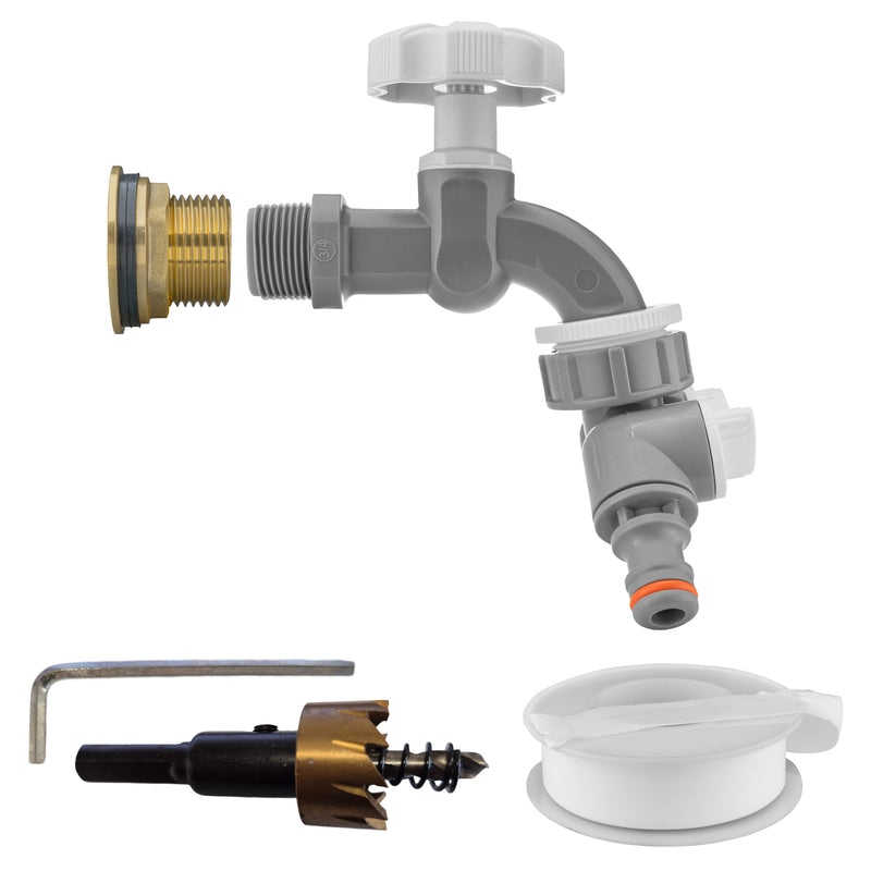 Water Butt Brass Kit 1" with Grey Dial Tap + Two-Way Splitter and Drill Bit - Home & Garden > Lawn & Garden Tech Hose & Fittings