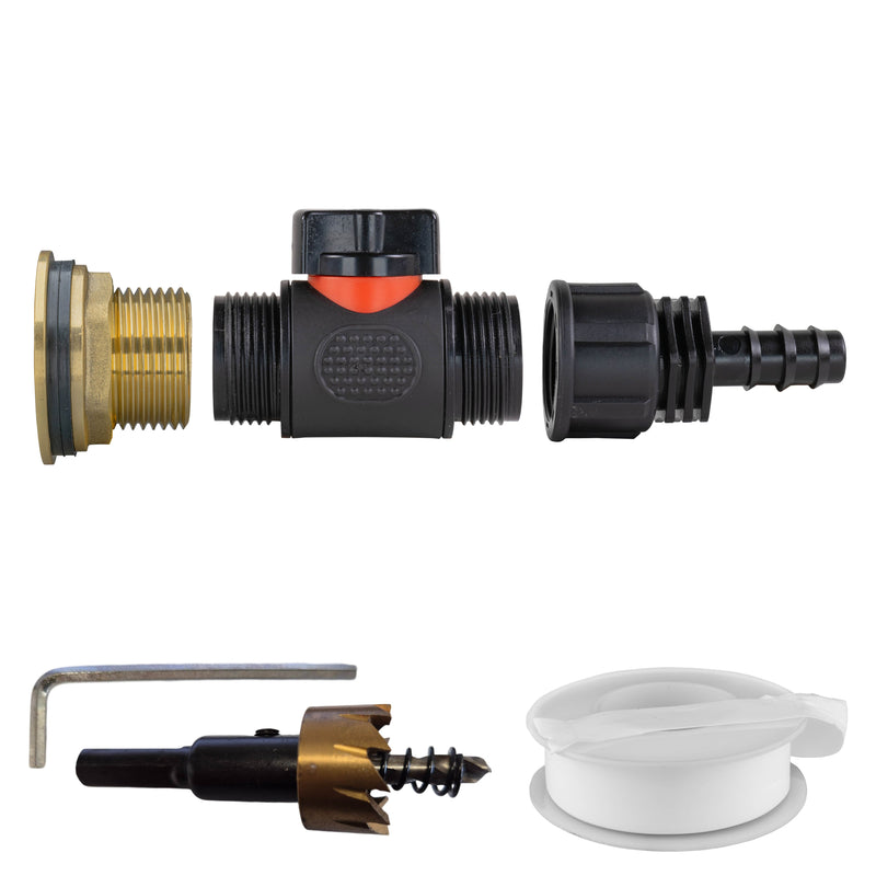 Water Butt Brass Kit 1" with In-Line Valve + 16mm Barb and Drill Bit - Home & Garden > Lawn & Garden Tech Hose & Fittings