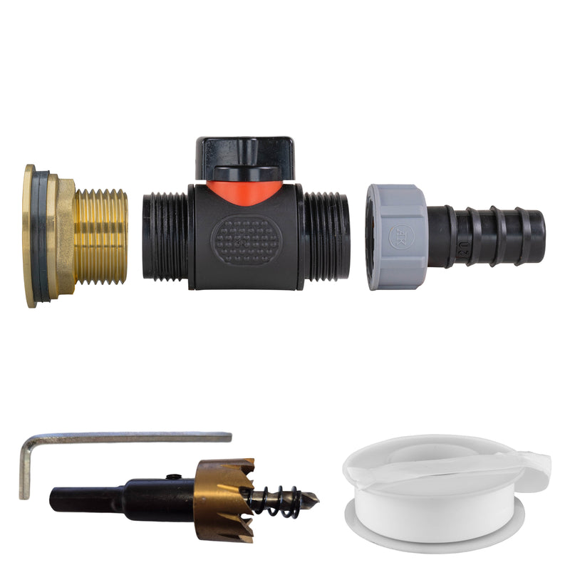 Water Butt Brass Kit 1" with In-Line Valve + 20mm Barb and Drill Bit - Home & Garden > Lawn & Garden Tech Hose & Fittings