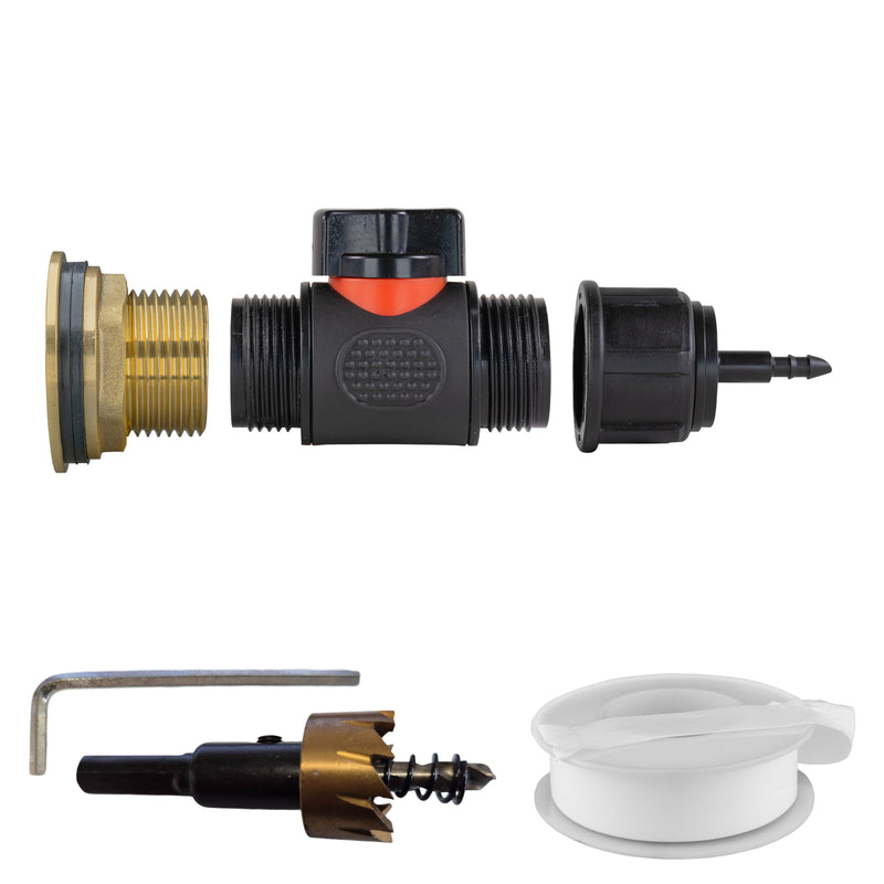 Water Butt Brass Kit 1" with In-Line Valve + 4mm Barb and Drill Bit - Home & Garden > Lawn & Garden Tech Hose & Fittings