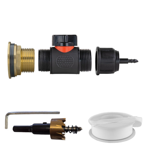 Water Butt Brass Kit 1" with In-Line Valve + 4mm Barb and Drill Bit - Home & Garden > Lawn & Garden Tech Hose & Fittings