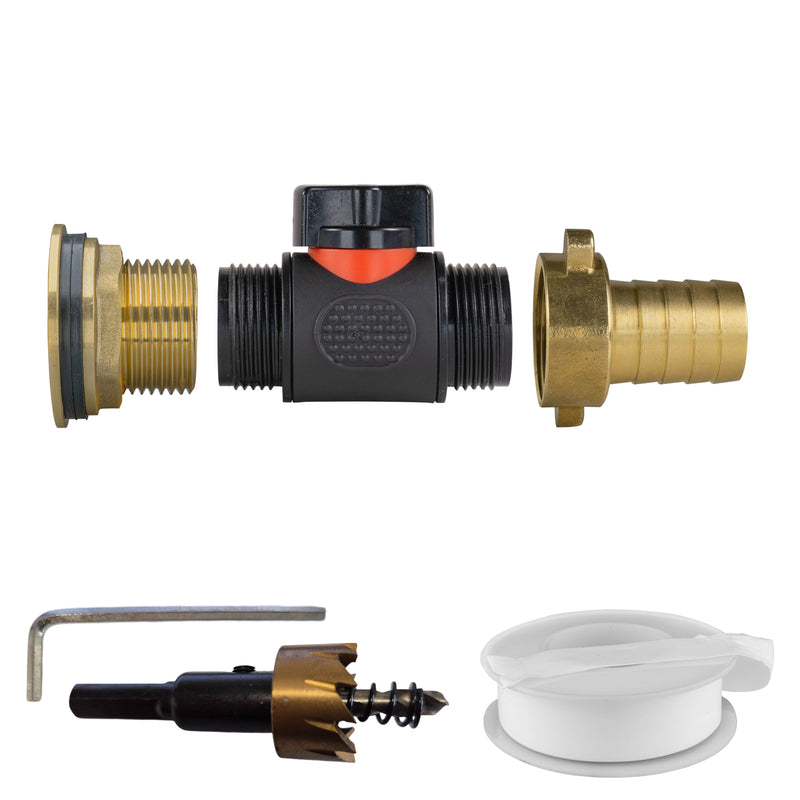 Water Butt Brass Kit 1" with In-Line Valve + 3/4" Brass Barb and Drill Bit - Home & Garden > Lawn & Garden Tech Hose & Fittings